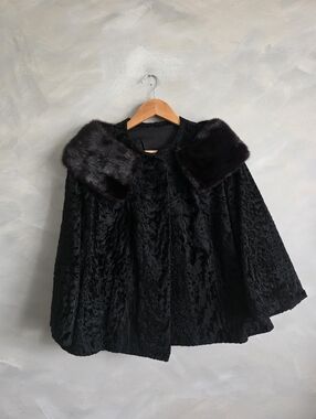 Vintage Short Swing Black Persian Lamb Fur Jacket Coat Mink Fur Collar Opera